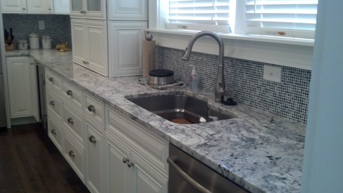 White Ice with White Cabinets and Mini Mosaic Backsplash